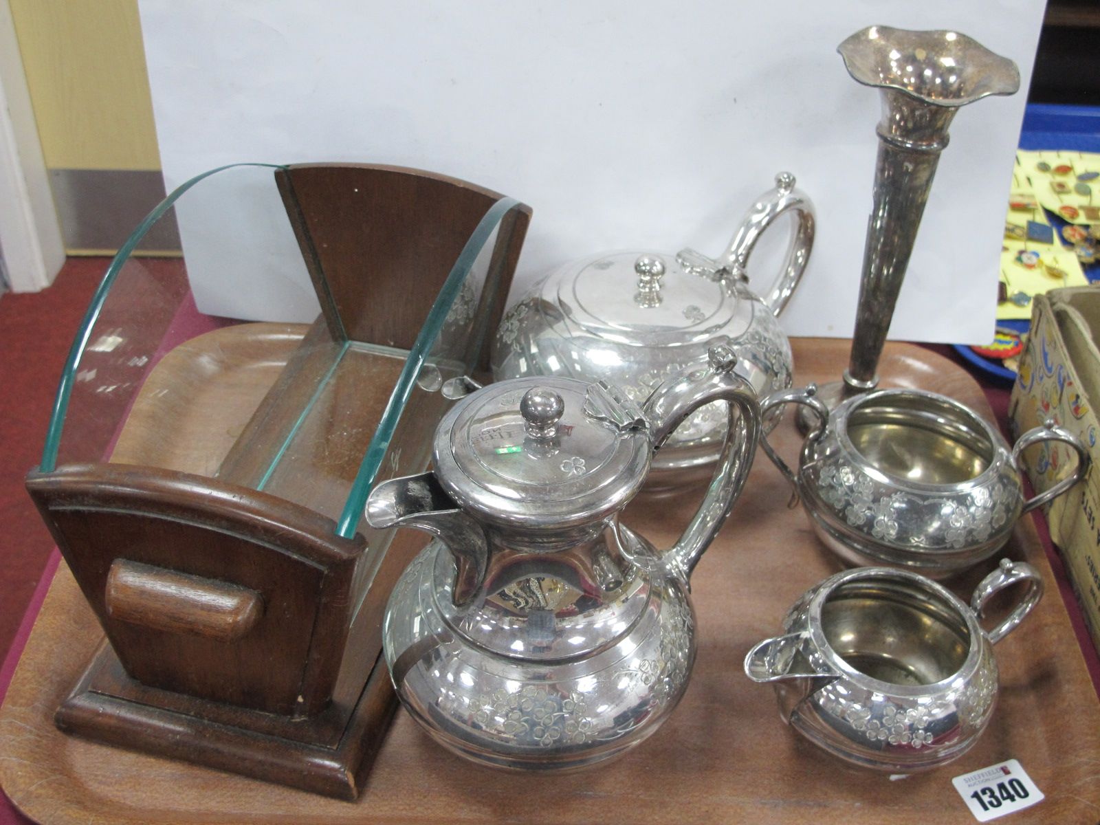 Cooper Bros Four Piece Plated Tea Service, Walker & Hall fluted vase. Wooden book trough:- One