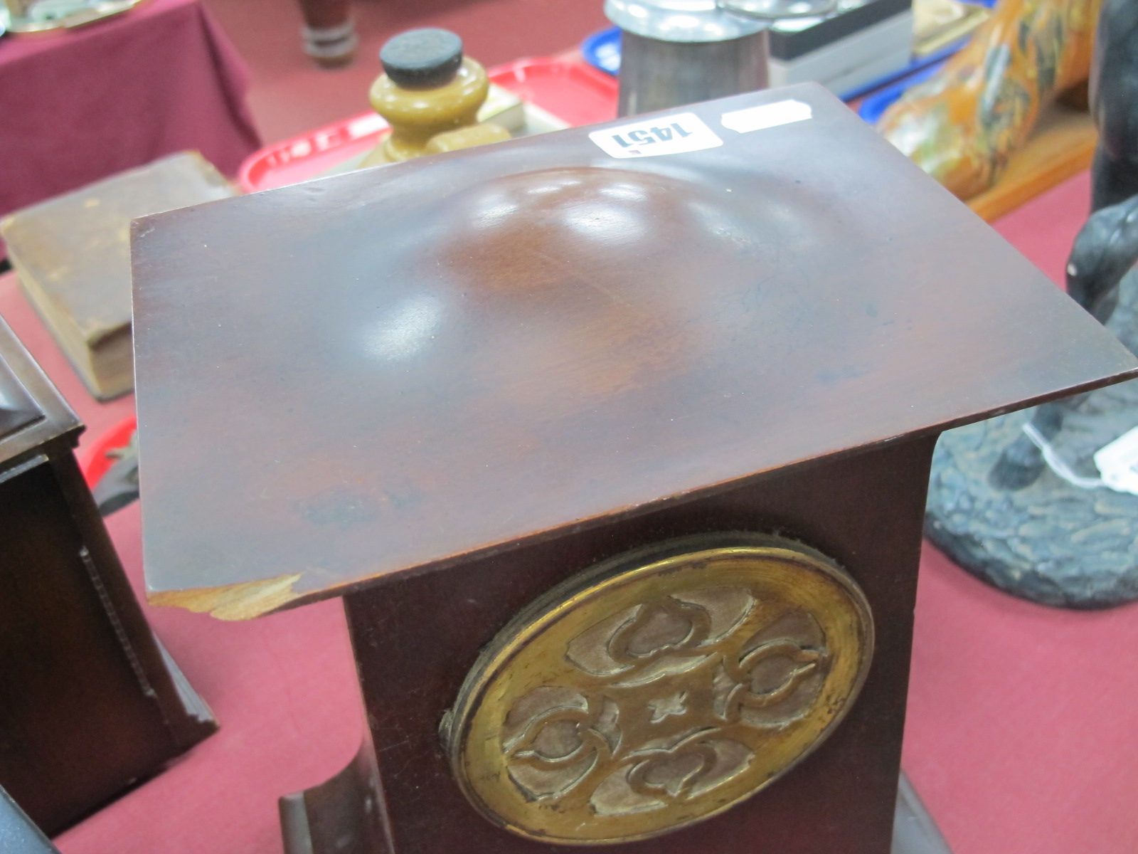 D.C Co Art Nouveau Mantle Clock, having inlaid mahogany case, on four brass bun feet, (glass - Image 2 of 3