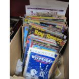 Football Programmes & Corinthian figures, Spiderman, Simpsons, Beano, Buttons and other magazines.