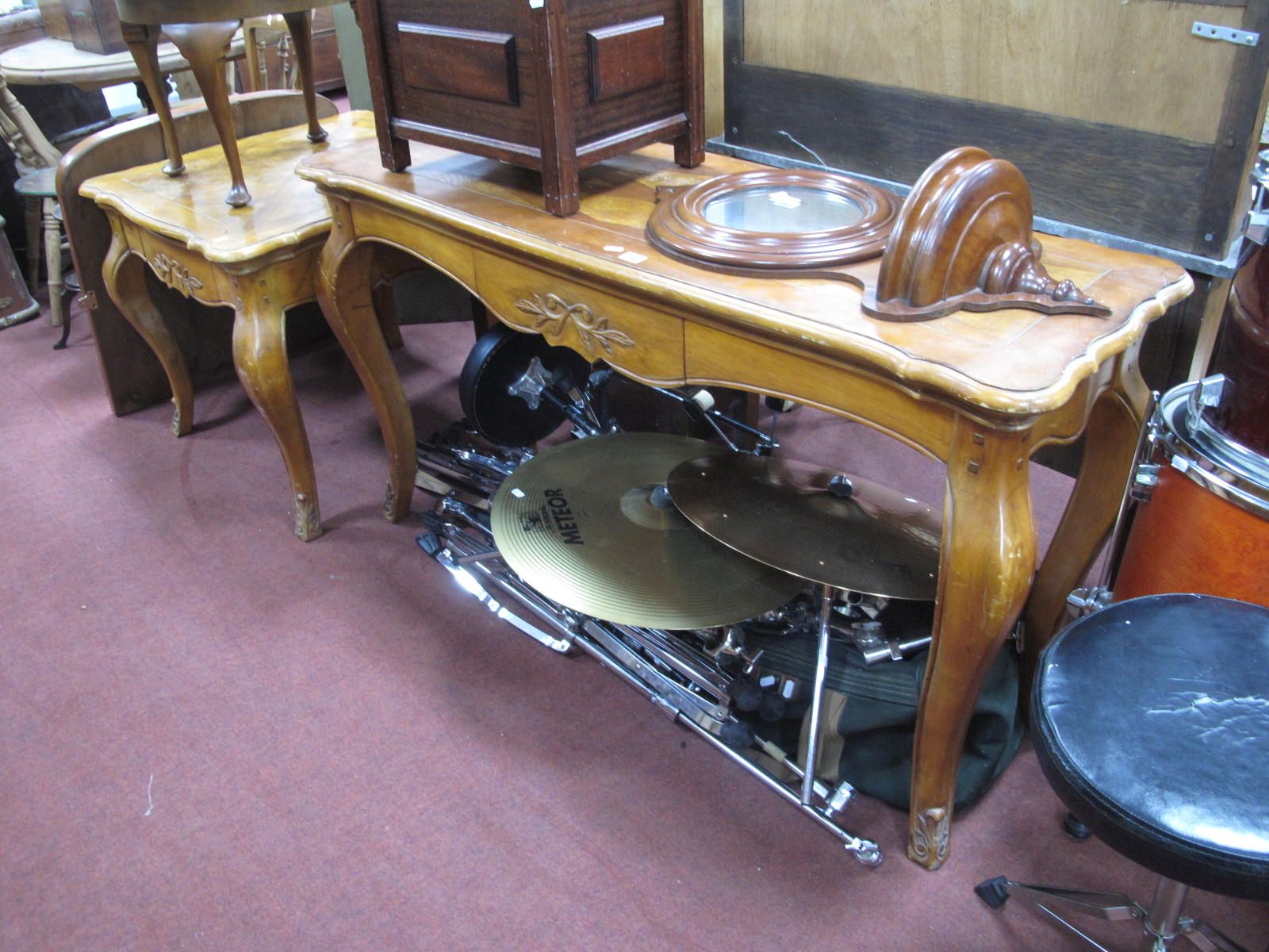 An Elongated Side Table, with single drawer on cabriole legs, 137cm, wide, a similar square example.