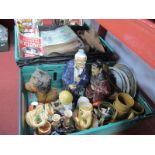 Chinese Pottery Figures, lions, plates, Lego, fishermans bag, magazines, etc:- Two Boxes.