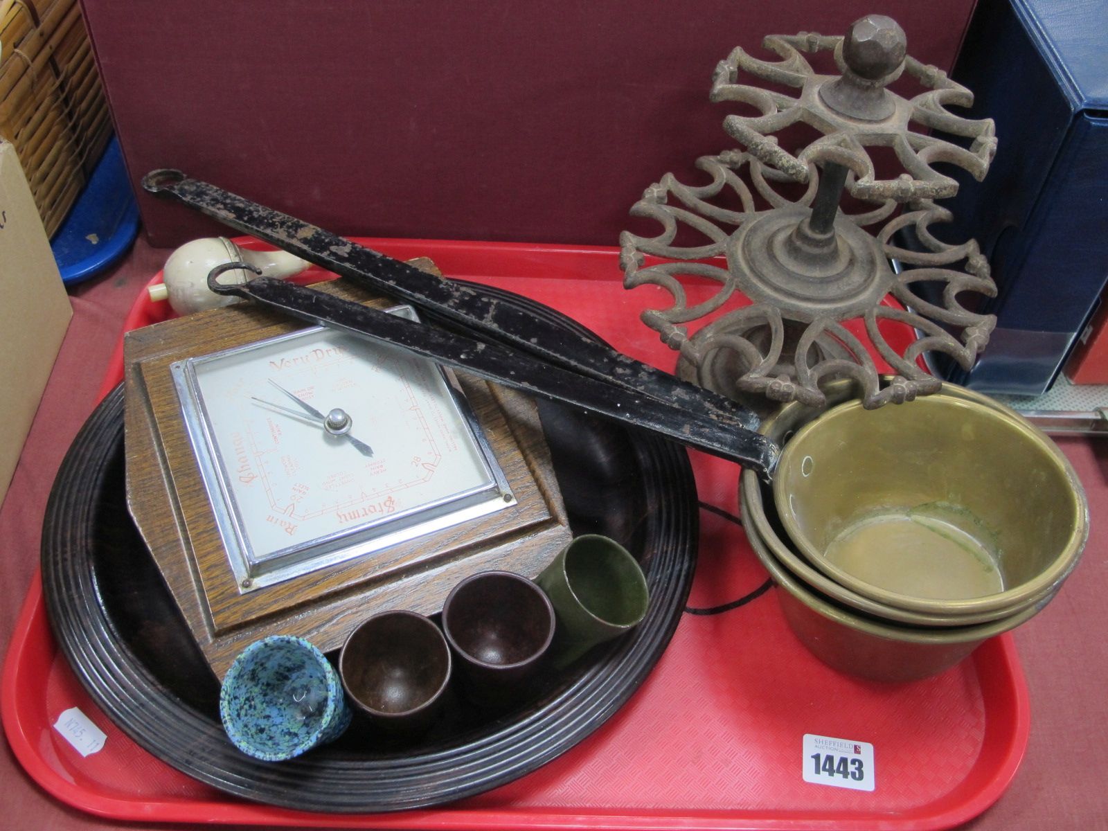 'Bass' Gerling Tray, oak barometer, iron desk stand, brass pans with elongated iron handles, etc:-