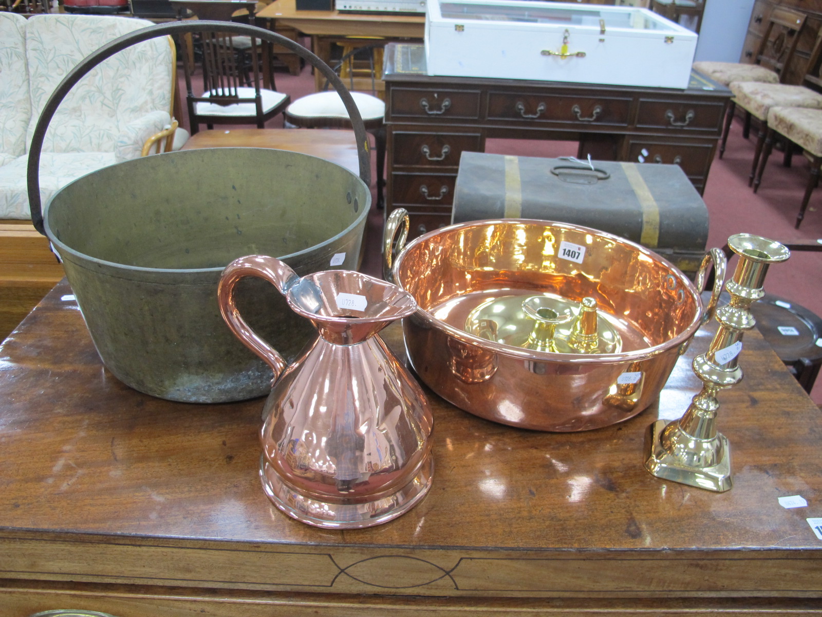 A XIX Century Brass Jam Pan, with iron loop handle, copper jug, two handled pan, 34cm at widest