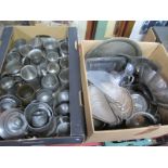 A Quantity of Pewter Tankards, tea set, plated ware, etc:- Two Boxes