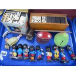 Nine Robertsons Bandsmen, inkwell as a Doctors bag, dominoes, small doll, etc:- One Tray.
