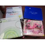 Sony Playstation 2, Sonly Playstaion Dual Shock, Playstation Pink 2, X Box 360, all boxed, unchecked