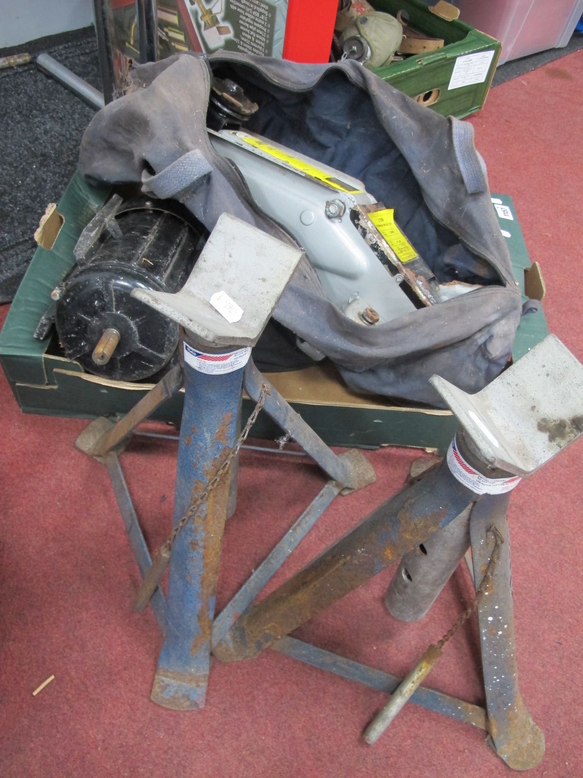 Mechamps Tools, pair of Medco axle stands, trolley jacks, electric motor etc:- One Box.