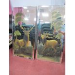 A Pair of Rectangular Bevelled Wall Mirrors, each painted with stag, 61 x 30.5cm