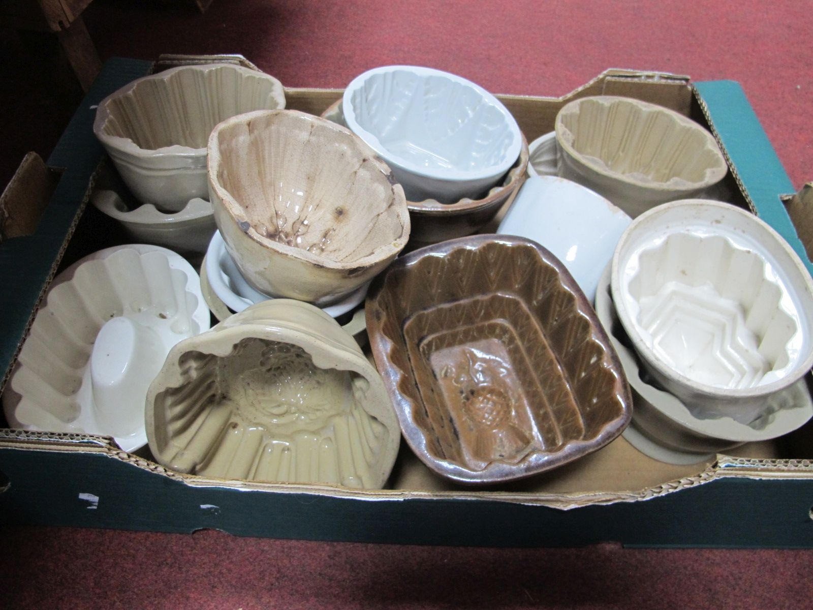 Thirteen Ceramic Jelly Moulds, by Lovatts, etc mostly early XX Century.
