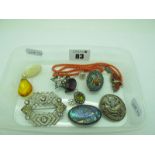 Micromosaic and Other Brooches, single stand graduated coral bead necklace, butterfly necklace,