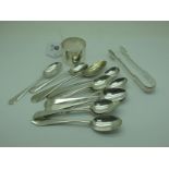 Assorted Hallmarked Silver and Other Teaspoons, a mustard spoon, a pair of plated sugar tongs, a