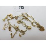A 9ct Gold Curb Link Charm Bracelet, to heart shape padlock style clasp, suspending assorted novelty