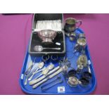Hallmarked Silver Teaspoons, a hallmarked silver cruet set, plated twin handled christening dish and