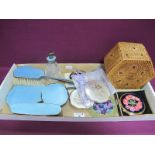 A Pale Blue Enamel Backed Part Dressing Table Set, including scent bottle and powder bowl lid (no