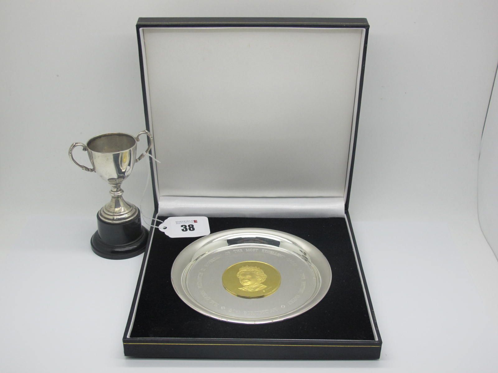 A Hallmarked Silver Gilt Royal Commemorative Medallion, inset within plain dish "H.M. Queen