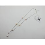 A Modern Fresh Water Pearl Necklace, on fine box link chain, with central drop, stamped "750".