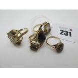 Five 9ct Gold Single Stone Dress Rings, claw and collet set (one shank cut). (5)