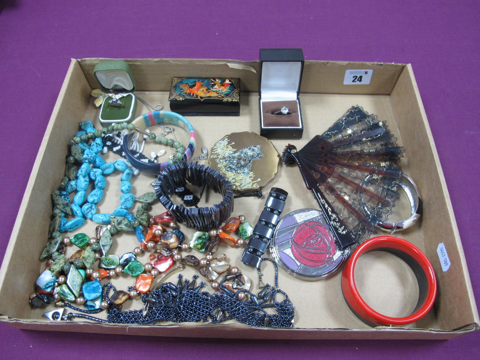 Bead Necklaces, bangles, bracelets, a Stratton ladies compact, another similar, rings etc :- One