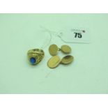 A Pair of 9ct Gold Cufflinks, the engine turned oval panels on chain connections; together with a