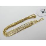 A 9ct Gold Elongated Box Link Chain, 60cm long; together with another, 55cm long; and another. (3)