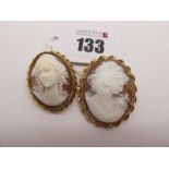 A 9ct Gold Oval Shell Carved Cameo Brooch, depicting female profile, collet set within twisted