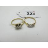 Two 9ct Gold Three Stone Diamond Rings, claw set throughout (finger sizes N, O). (2)