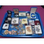 Assorted Costume Brooches, including diamanté, floral, cameo style, etc :- One Tray
