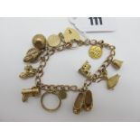 A 9ct Gold Curb Link Charm Bracelet, to 9ct gold heart shape padlock style clasp, suspending