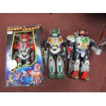 Robots - Chinese in silver, having red helmet 42cm high, another similar green helmet. (2)