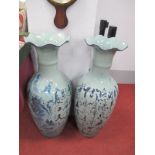 A Large Pair of Floor Standing Vases, with wavy rims, decorated with scenes and Chinese character
