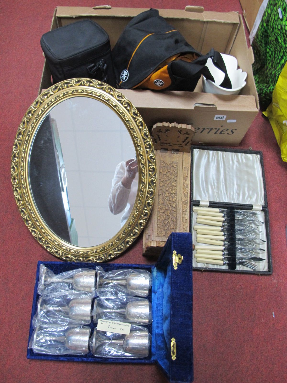 Beswick Fanned Bowl, oval wall mirror, book trough, cased goblets and cutlery, camera carry