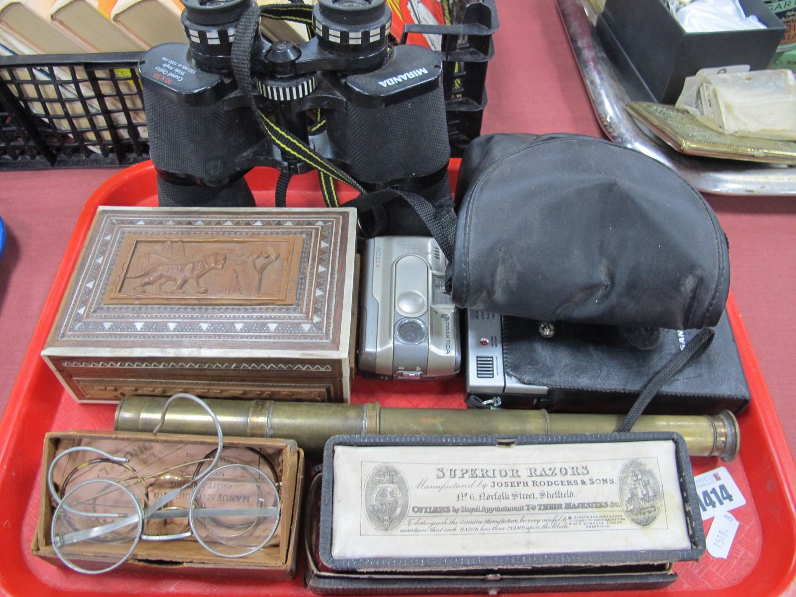 Miranda & Praktica Binoculars, Sanyo mini cassette, Indian box, telescope, spectacles, razors:-