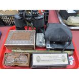 Miranda & Praktica Binoculars, Sanyo mini cassette, Indian box, telescope, spectacles, razors:-