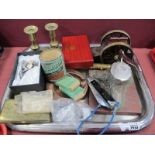 Model Canon, lumberjacks axe, knife, heavy coppered ashtray, cigarette cards, etc:- One Tray.