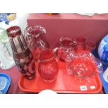 Two Cranberry Bowled wines, two jugs, ovoid and wavy bowls, ruby flash glass vase:- One Tray.