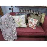 A Vintage Crewel Work Cushion of Floral Design, together with tapestry and other cushions, two