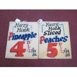 Two Vintage Shop Signs "Merry Monk" Pineapple 4d 1/2 tin. "Merry Monk" Sliced Peaches 5.1/2p per