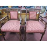 A Pair of Early XX Century Mahogany Chinese Style Armchairs, pierced top rails, back panel and seat,