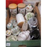 Three Piece Silver Plated Tea Service. Three Worcester Herbs kitchen jars, Dunoon jar, other
