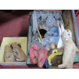 A Child's Hand Glove Monkey, other soft toys, glass tray, etc:- Two Boxes