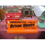 Ibberson Action Knives, plastic display sign black lettering on orange ground, 35.5cm wide. Four oxo