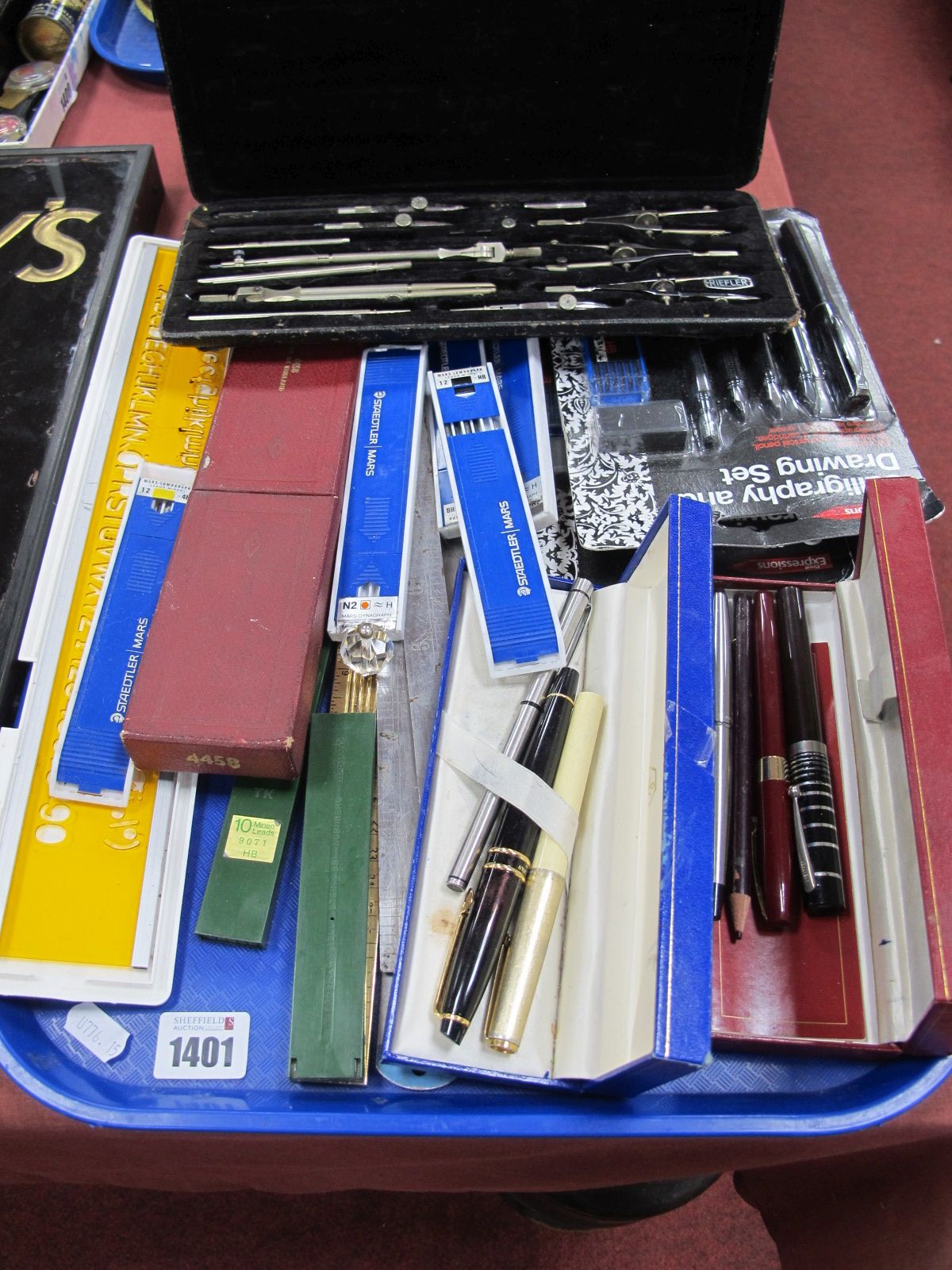 Sheaffer and Other Pens, Riefler geometry set, slide rule, Moore & Wright steel rule, etc:- One