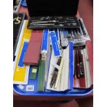 Sheaffer and Other Pens, Riefler geometry set, slide rule, Moore & Wright steel rule, etc:- One