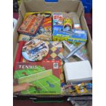 Vintage Toys: Three boxed tinplate toys, including an airplane, boat and factory worker at his