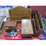 Two Oak Stationary Racks, XIX Mahogany caddy box, magnifier, scissors, etc:- one Tray.