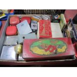 Ronson Lighters, draughts, cigarette cases, mascot compact, alarm clocks, etc:- One Tray.