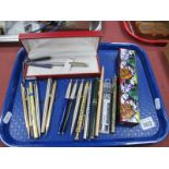Parker, Sheaffer, Cross and other assorted pens, boxed set of pencils :- One Tray.