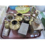 Aneroid Barometer, brass candlesticks, lamp, cylindrical jar and cover, etc:- One Tray.
