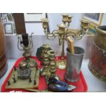 XIX Century Glass Inkwell, on onyx base, brass candlesticks, pewter litre vessel, etc: One Tray.
