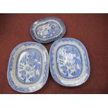 Willow Pattern Blue & White Pottery Plates, two 50 x 40cm, another smaller. (3)